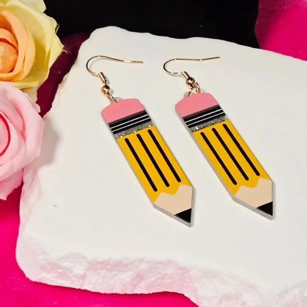 Cute Yellow Pencil Teacher Earrings Glitter Novelty Dangle Classroom School Gift